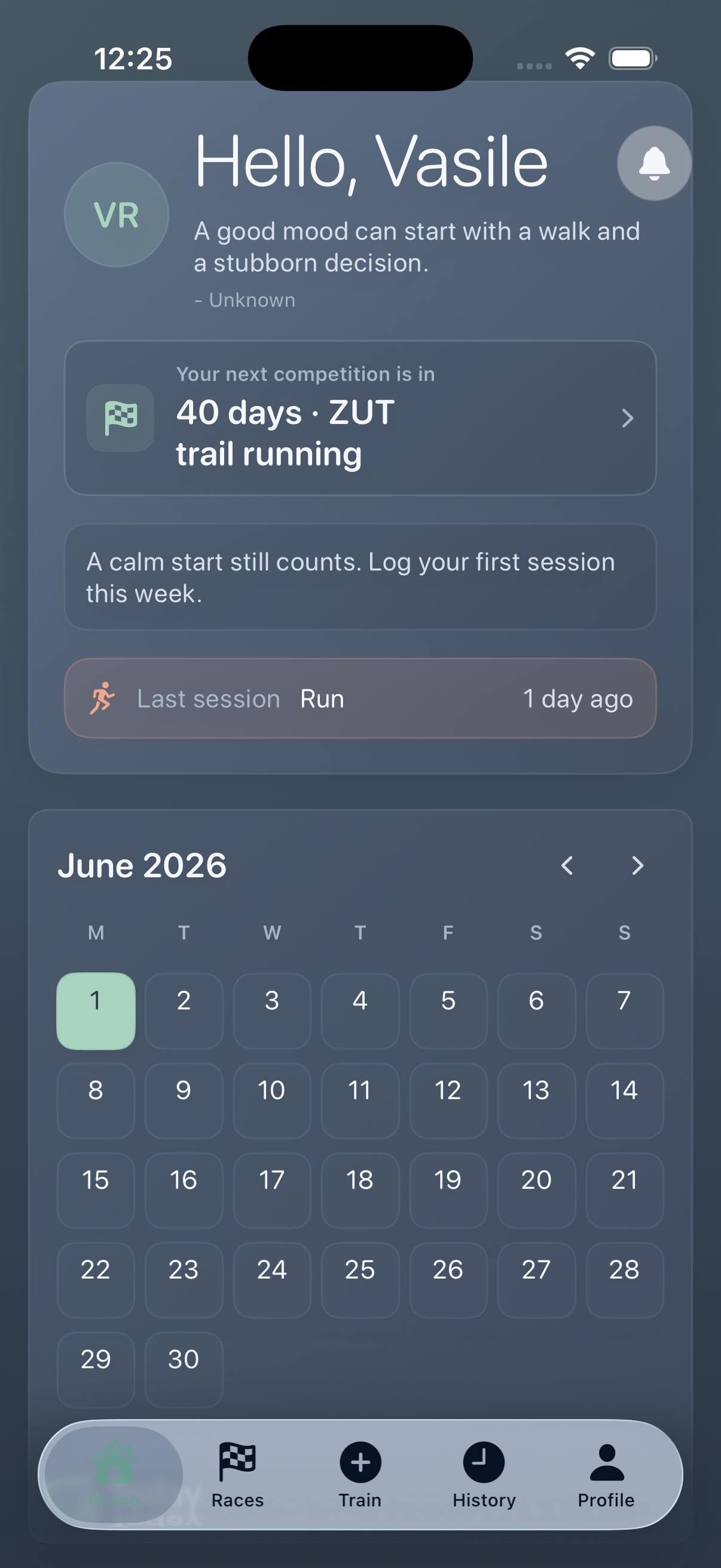 Kaevra home dashboard with calendar, next competition, and recent activity