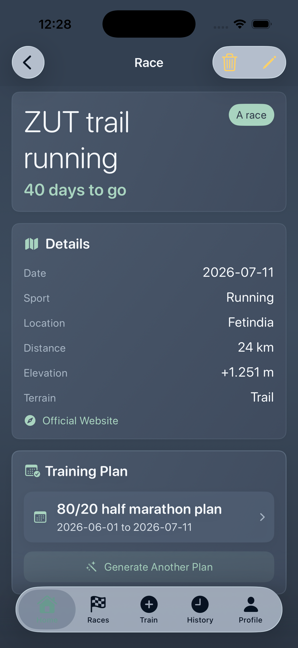 Kaevra race detail screen with training plan attached
