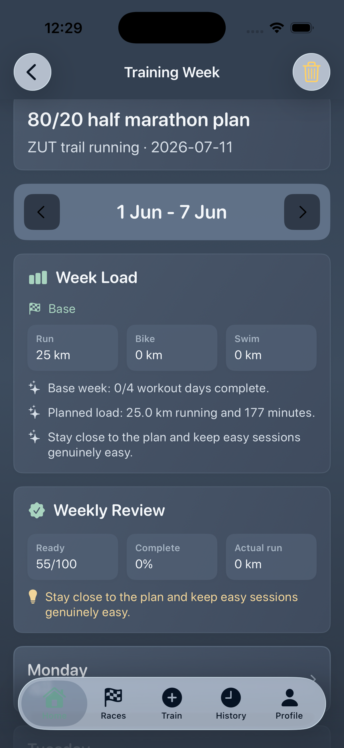 Kaevra training week overview with week load and weekly review
