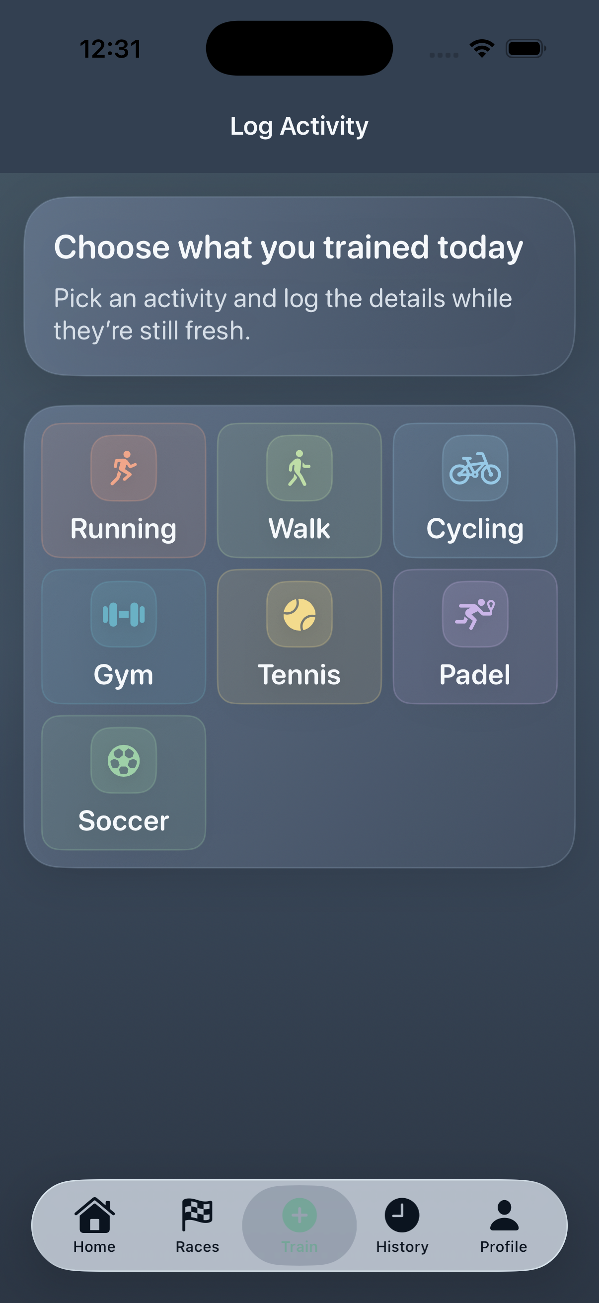 Kaevra log activity screen with multiple sports to choose from