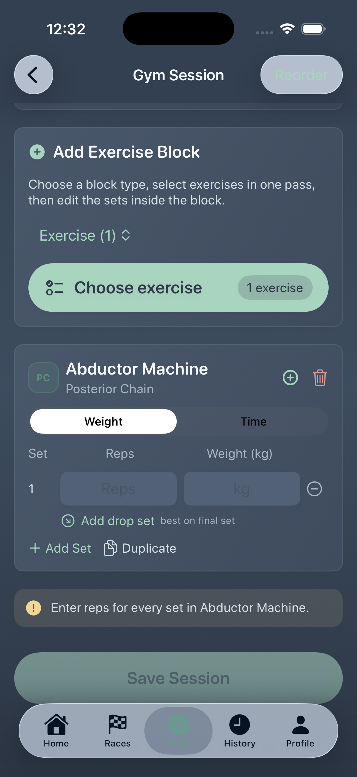 Kaevra gym session builder with exercise blocks and set editing