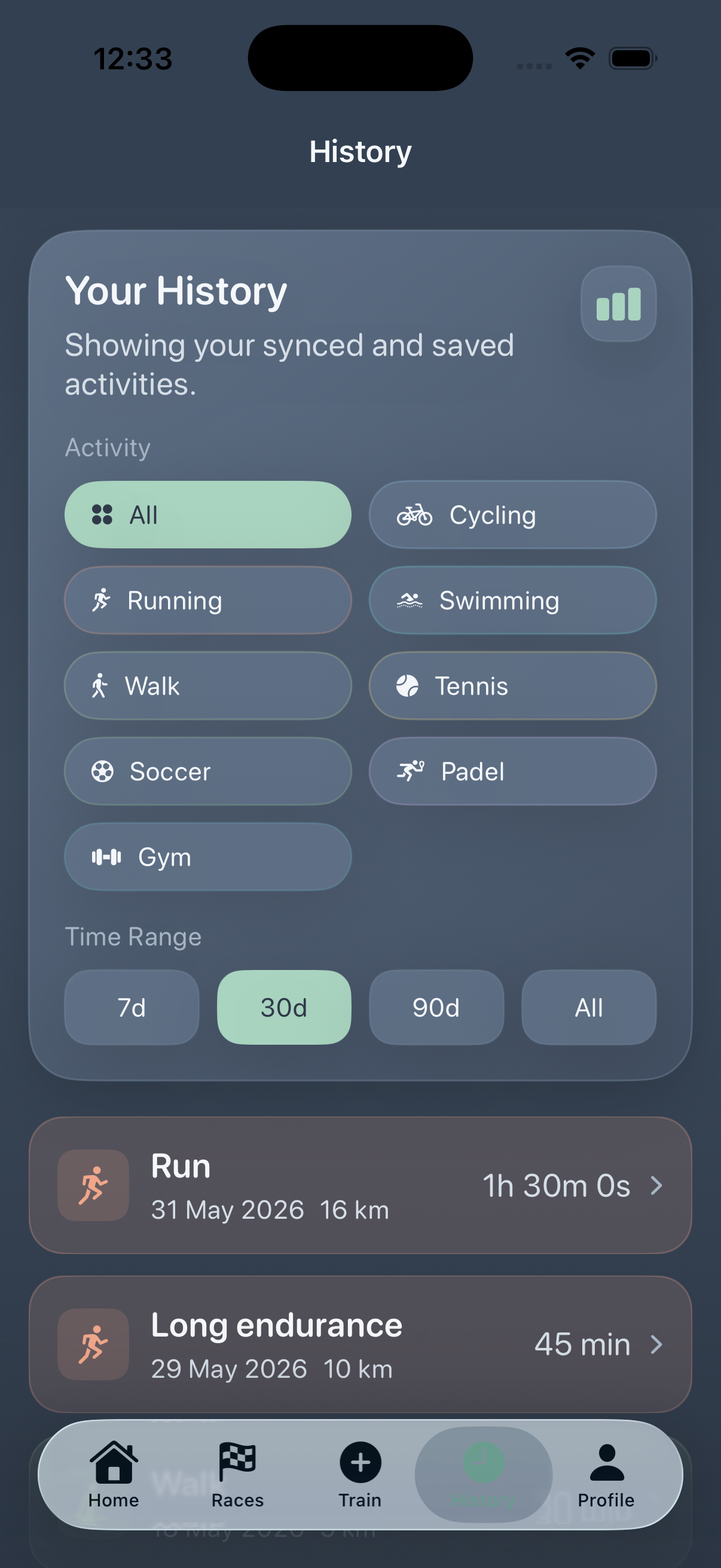 Kaevra history screen with activity filters and recent running sessions