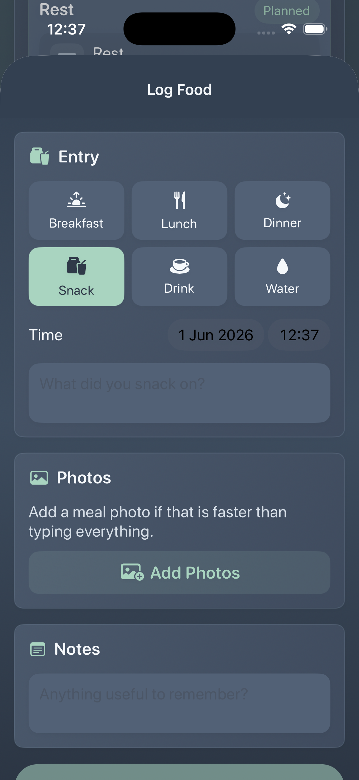 Kaevra nutrition food logging screen with meal type and photo support